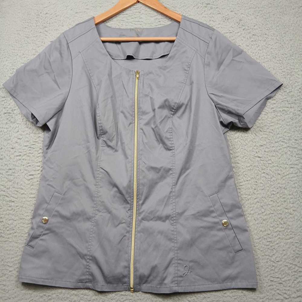 Jaanuu Women's Scrub Top 1X Gray Gold Zip Front Short Sleeve Medical Uniform